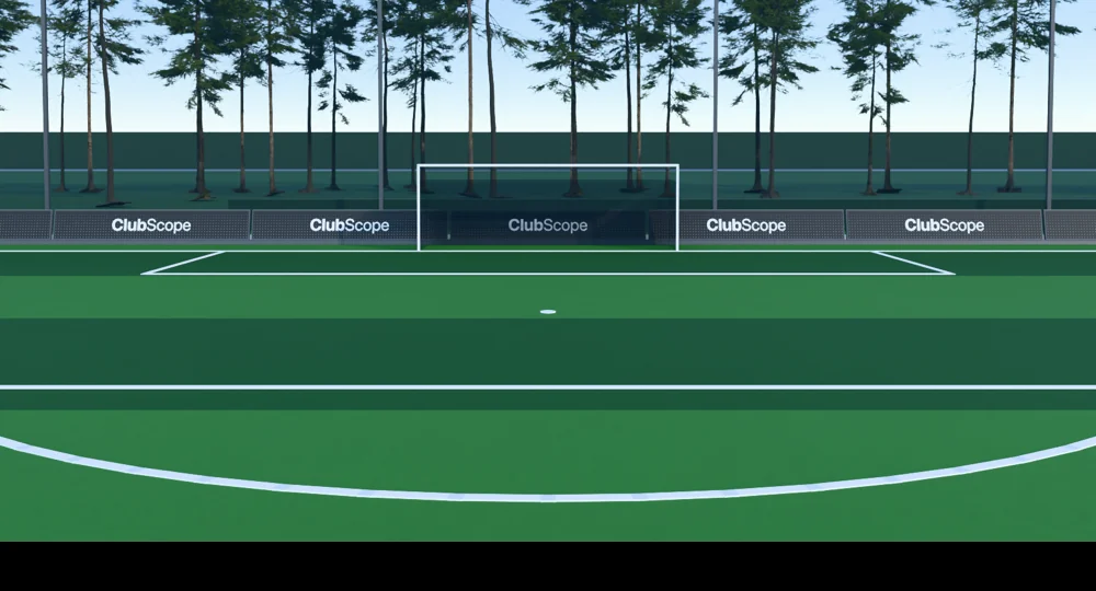 A drill drawn in ClubScope's Foundry 3D: the academy pitch with the goal and the trees.