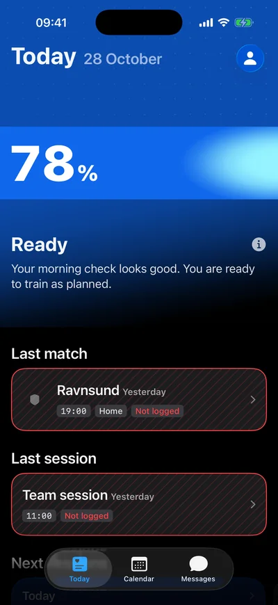 The ClubScope player app on iPhone after the morning check: 78 percent, Ready. Demo data, Nordvik IF.