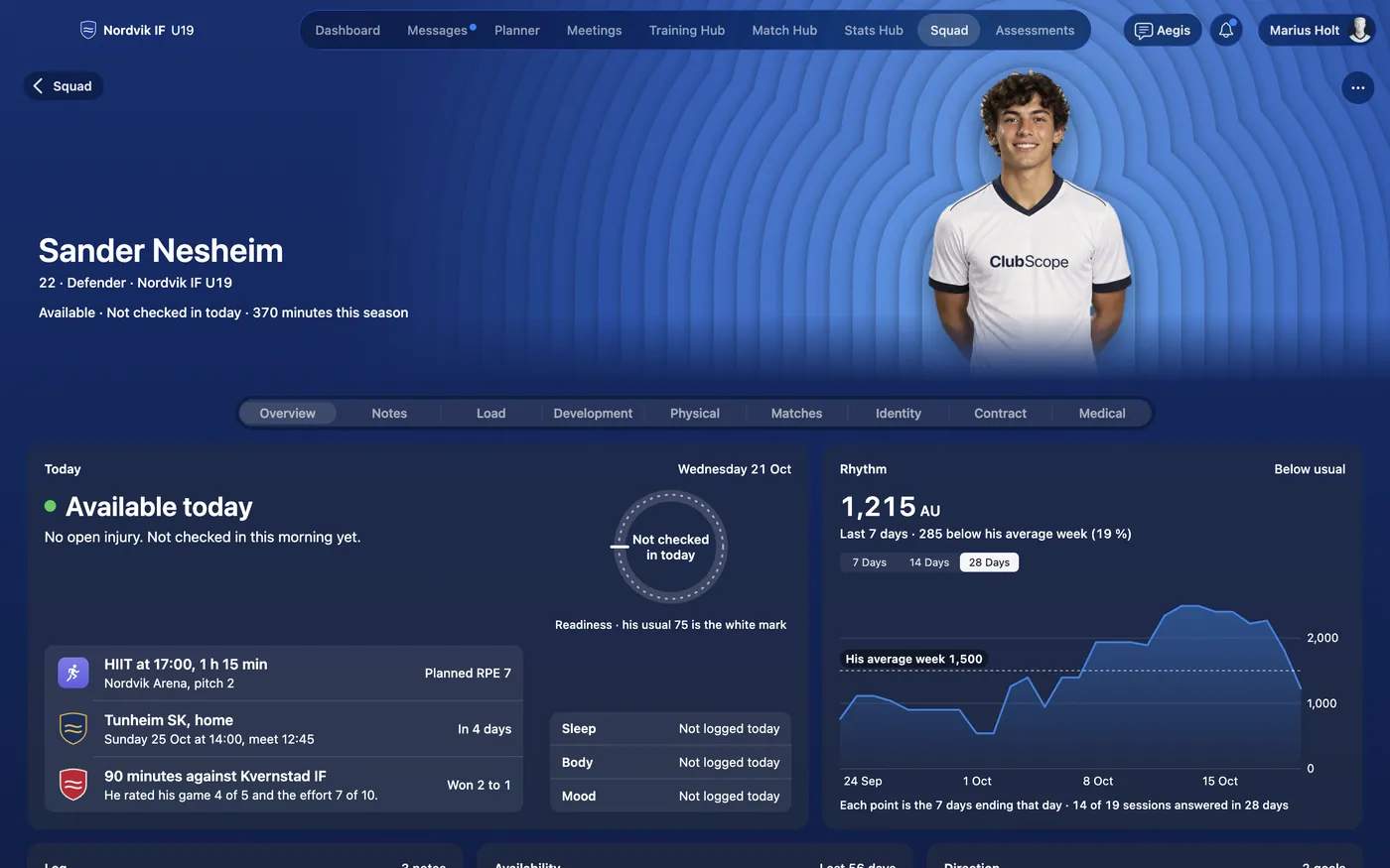 A player's profile in ClubScope: Sander Nesheim with his picture, available today and not checked in yet. Nordvik IF demo data, a made up player.